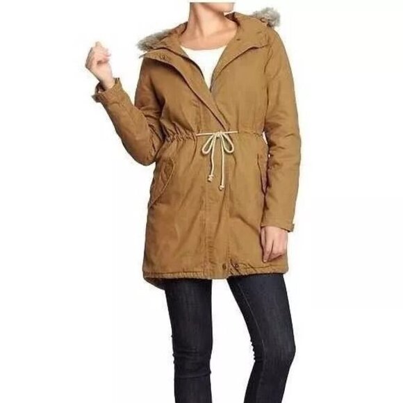 Old Navy Cinch Waist Canvas Fur Caramel Hoodie Anorak Jacket Z26 - Picture 1 of 9